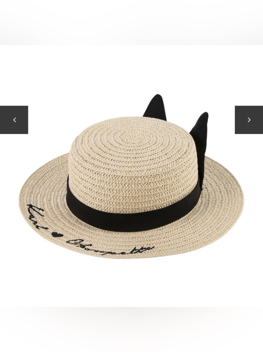 Karl Lagerfeld Beige Straw Kids Hat with Black Ribbon and Ear Accents